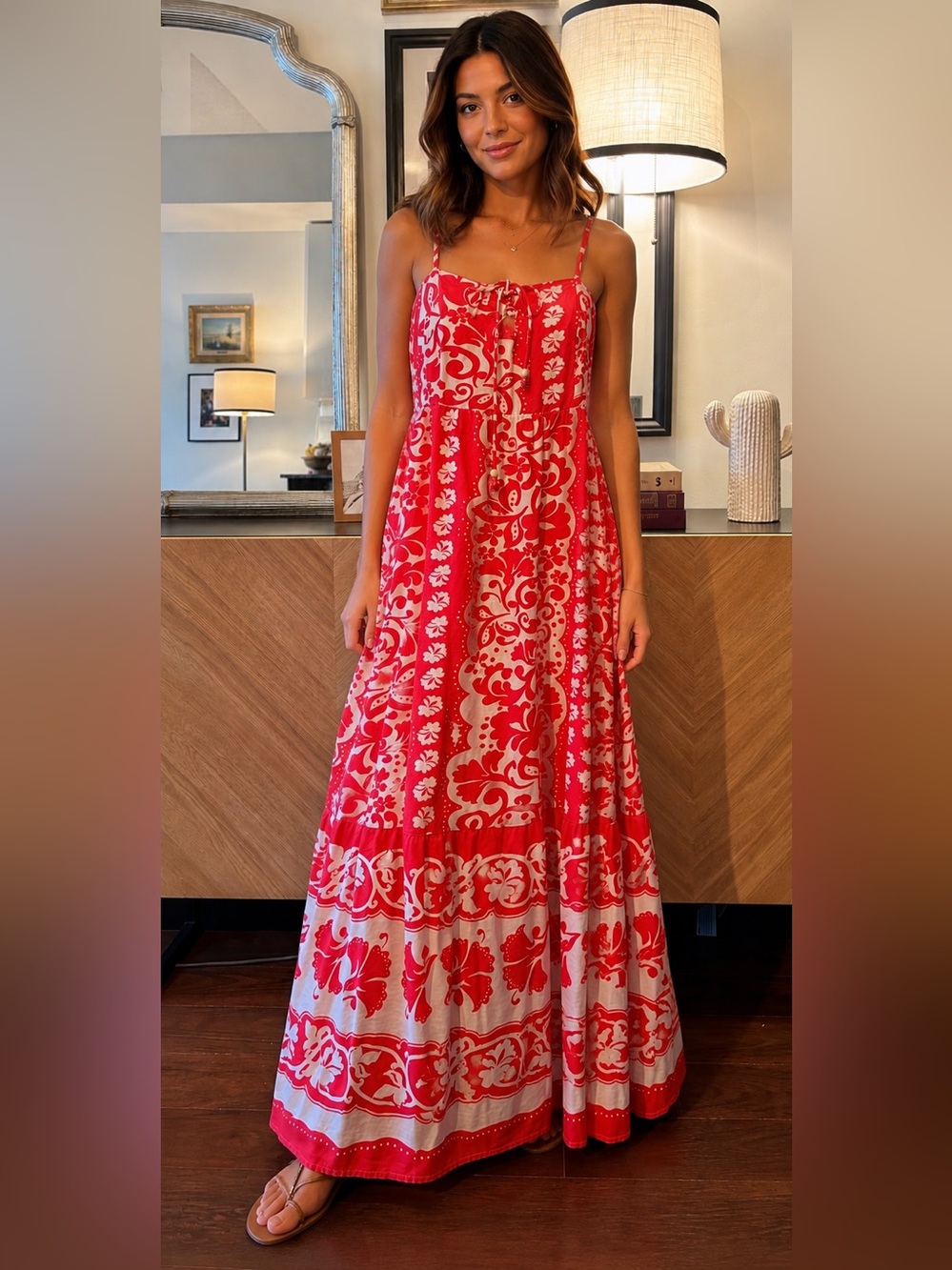 JAPNA Red and White Patterned Spaghetti-Strap Maxi Dress Large